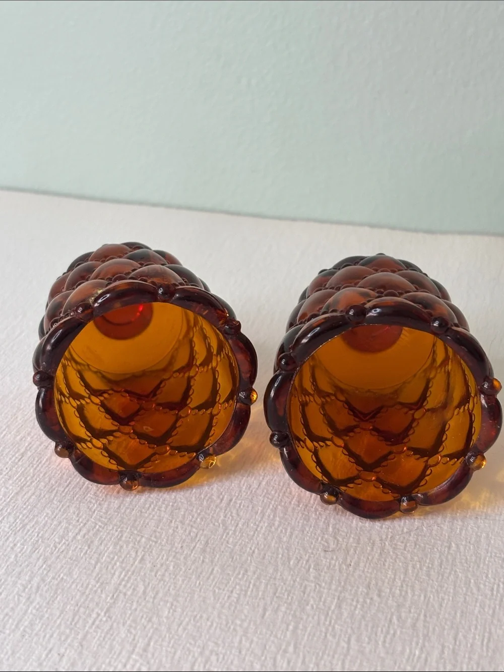 Vintage Amber Glass Votive Candle Cups Quilted Pattern Set of 2